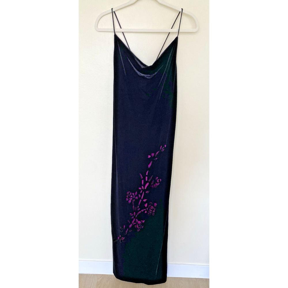 Vtg 90s Y2k Whimsigoth Dress Black Velvet Purple Embroidery Slit Dark Fairy L‎
